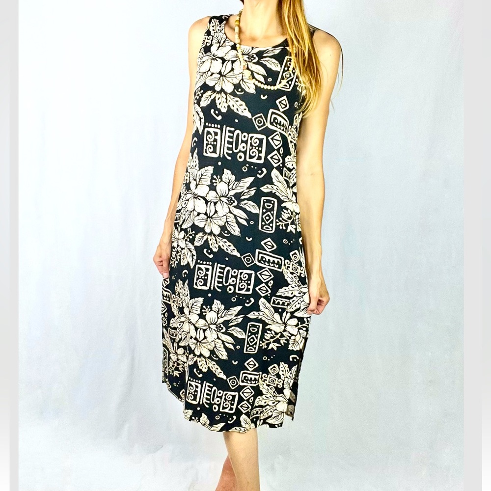 NOTATIONS |🌺 Black Tropical Floral Hawaiian Sleeveless Split Sides Maxi Dress